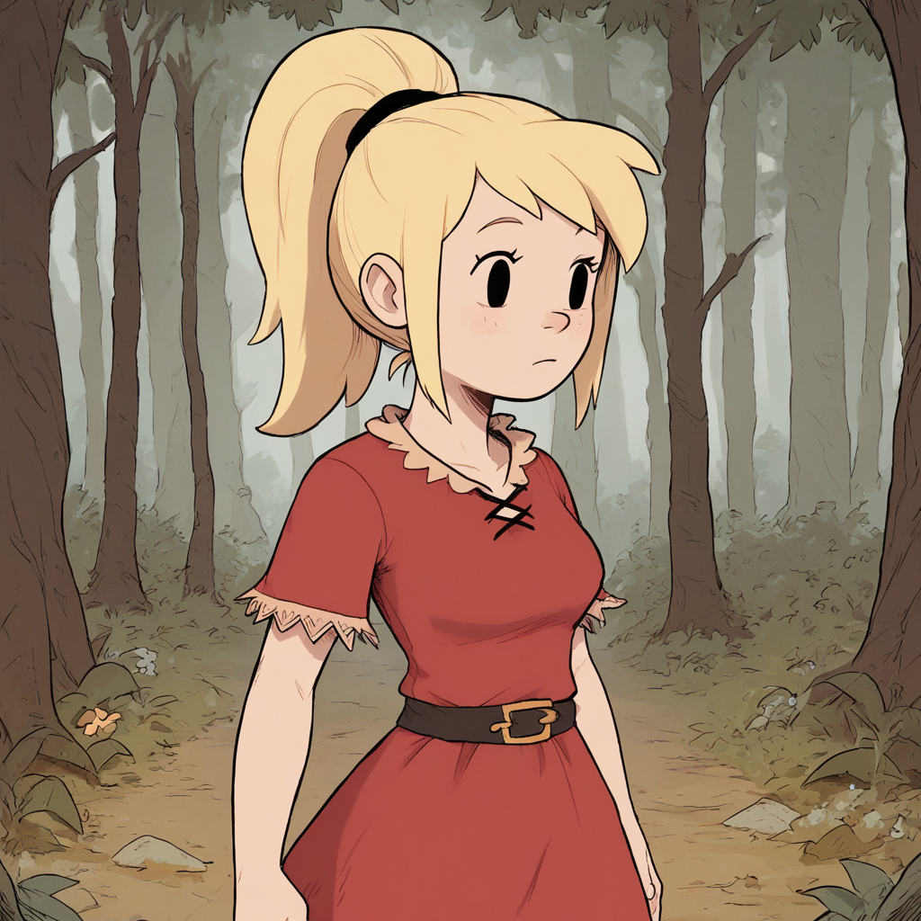 score_9_up, score_8_up, BREAK, TwistwoodTales, 1girl, solo, blonde hair, ponytail, black eyes, red dress, skirt, upper body, forest,  <lora:TwistwoodTales_Style_PXL_Leaf1:1>,