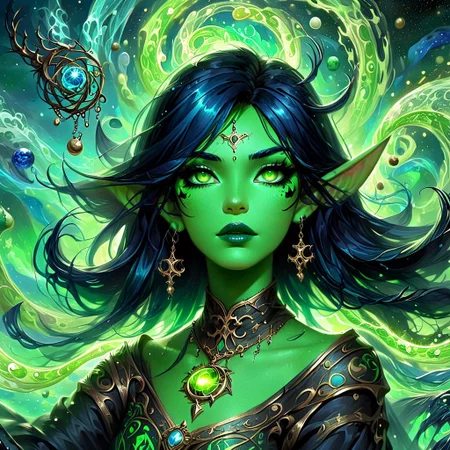 a witch with lime green and black hair, swirling green blue and black magic, jewelry