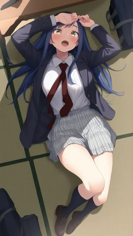 masterpiece, amazing quality, best quality, Smooth Quality, inami umimi, aitsu no kanojo, 1girl, medium breasts, blue hair, from above, lying, long hair, bangs, hand on forehead, necktie, shirt, skirt, suit jacket, tatami, desk, school uniform, open mouth, full body, inside, <lora:inami_umimi_aitsu_no_kanojo-illustrious-v-1:0.85>