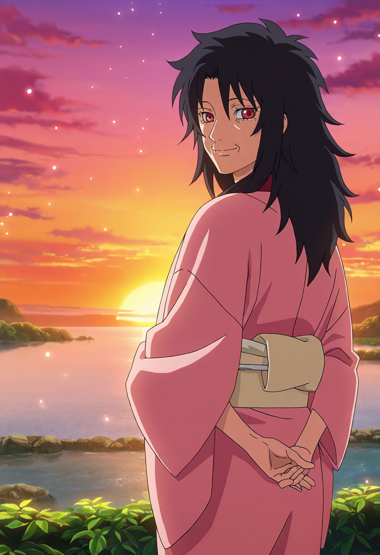 <lora:yuuhi_kurenai_v1b_pny:1> yuuhi_kurenai, solo, 1girl, black hair, long hair, red eyes, japanese clothes, kimono, pink haori, beige obi, old woman, from behind, looking back, own hands together, smile, outdoors, horizon, sunset, river, source_anime, anime screencap