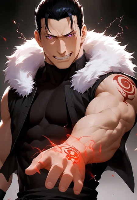 score_9, score_8_up, score_7_up, score_6_up, perfect anatomy, perfect proportions, best quality, masterpiece, high_resolution, high quality, aesthetic, absurdres, (male focus), solo male, source_anime, anime coloring, Greed, GreedFMAPony, black hair, short hair, purple eyes, (sanpaku, small pupils, thin eyebrows:1.5), sleeveless, black turtleneck undershirt, black vest, white fur trim, black pants, adult, mature, masculine, manly, handsome, charming, alluring, standing, portrait, headshot, close-up, from front, dutch angle, dark background, dark atmosphere, look at viewer, (one arm raised over face, show arm), sleeves rolled up, BREAK ouroboros homunculus red hand tattoo \(Fullmetal Alchemist\), glow tattoo, red lightning, red glow, electrokinesis, command spell, perfect lighting, cinematic, dynamic angle, sweat drop, fighting stance, serious, angry, mad, smirk, sharp teeth
