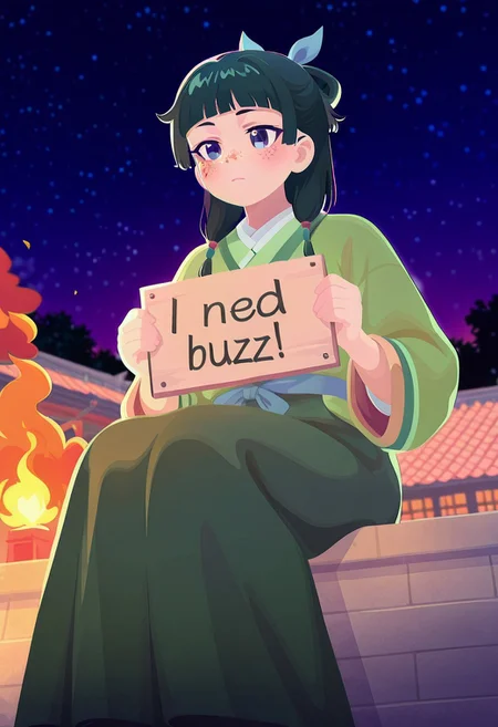 1girl
rooftop,night,from below,sitting,
depth of field,blurry background,
masterpiece,best quality,amazing quality,absurdres,maomao,green kimono, freckles, blue ribbon, long skirt,Smooth Quality,no lineart,need_buzz, holding sign,FIRE WORK IN BACKGROUND
