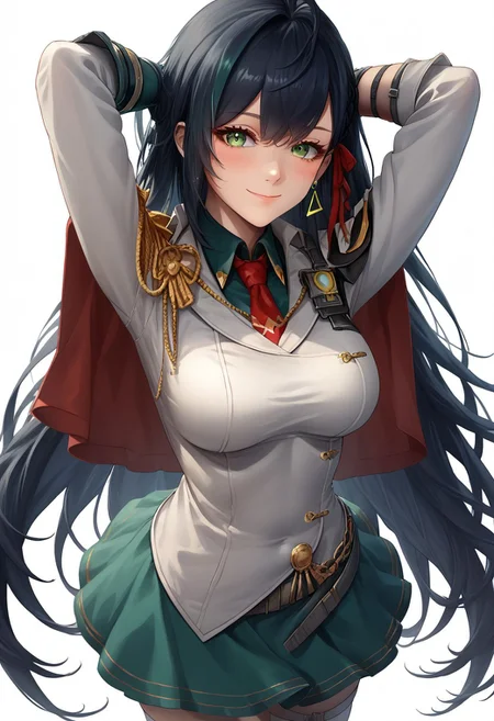 score_9, score_8_up, score_7_up, source_anime, good anatomy, 1girl, solo, LinToF, detailed face, beautiful face, dark green hair, long hair, green hair highlight, green eye, earing, red tie, red hair ribbon, green undershirt, white military unniform jacket, capelet, gold epaulette, asymmetrical green gloves, belt, straps, gold-trimmed green skirt, green skirt, miniskirt, white thighhighs, black high heels, leaping, arms over head, smiling, blushing