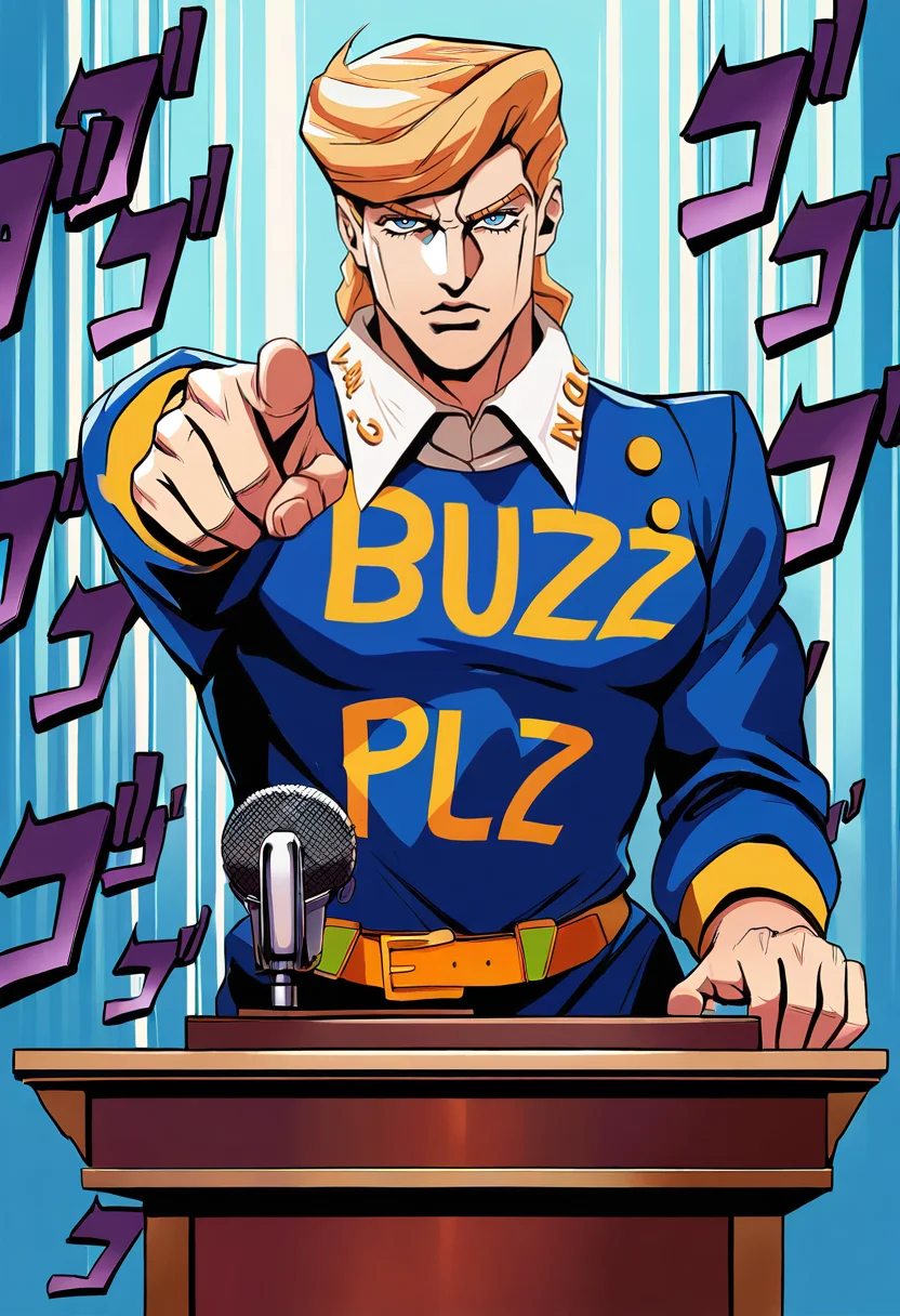 (masterpiece, best quality, high quality, good quality),1boy,jojo no kimyou na bouken,clothes writing,cowboy shot,pointing at viewer,menacing \(jojo\),speed lines,english text,text,lectern,microphone,speech,BUZZ PLZ,