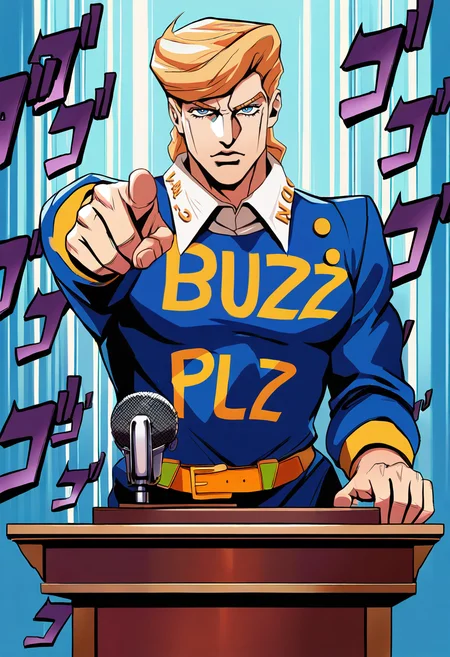 (masterpiece, best quality, high quality, good quality),1boy,jojo no kimyou na bouken,clothes writing,cowboy shot,pointing at viewer,menacing \(jojo\),speed lines,english text,text,lectern,microphone,speech,BUZZ PLZ,