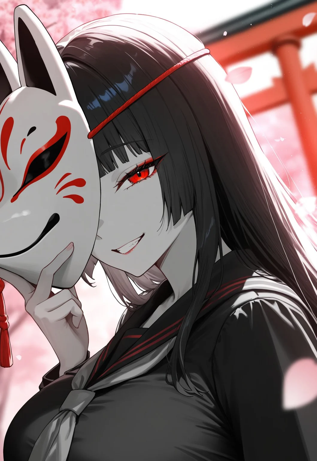 masterpiece,best quality,amazing quality,newest,absurdres,highres, newest,very awa, scenery,anime, limited palette,red,pink,spot color,
(dutch angle:1.4),  (close up:1.4),from back,(portrait:1.4),
1girl, beautiful face, perfect eyes, detailed eyes,mature female,slim body,
black hair,long hair, straight hair,blunt bangs, hime cut,red eyeliner,
red eyes,looking at viewer, looking back
large breasts, grin, wink,
dark serafuku,
(fox mask),holding, holding fox mask in front of face, holding mask,half face,tassel,
sakura blossoms, outdoor, torii,(petals:1.4),
volumetric light,blurry background,blurry foreground, photo background,shadow,dark backgound,backlighting,light particles,off focus
