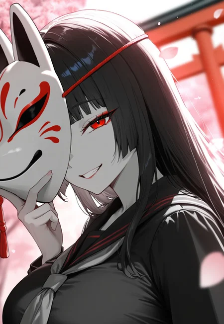 masterpiece,best quality,amazing quality,newest,absurdres,highres, newest,very awa, scenery,anime, limited palette,red,pink,spot color,
(dutch angle:1.4),  (close up:1.4),from back,(portrait:1.4),
1girl, beautiful face, perfect eyes, detailed eyes,mature female,slim body,
black hair,long hair, straight hair,blunt bangs, hime cut,red eyeliner,
red eyes,looking at viewer, looking back
large breasts, grin, wink,
dark serafuku,
(fox mask),holding, holding fox mask in front of face, holding mask,half face,tassel,
sakura blossoms, outdoor, torii,(petals:1.4),
volumetric light,blurry background,blurry foreground, photo background,shadow,dark backgound,backlighting,light particles,off focus