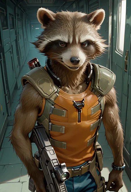 masterpiece, best quality, amazing quality, very aesthetic, absurdres, newest, high quality, detailed, male, solo male, Rocket Raccoon, 1boy, mature male, male, athletic build, anthro, raccoon, black and brown fur, animal ears, brown eyes, standing, looking at viewer, orange tank top, combat gear, bracelets, shoulder pads, broad shoulders, indoors, holding gun, digital art
