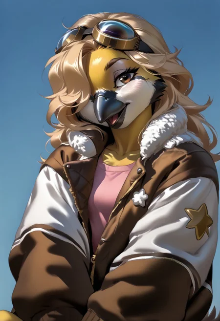 score_9, score_8_up, score_7_up, (by zummeng:1.5), (by jailbird:1.5), (by kittydee:1.5), masterpiece, best quality, (solo),
(Furry Art: great tit:1.5), expressive eyes, feminine eyes, <lora:beautiful_detailed_eyes:1>, perfect face, feminine face, feminine body, black beak, multicolored body, yellow body, black colored down middle of body, black head, white cheeks, (blonde hair:1.5), (long hair), (one eye covered by hair), small breasts, (bomber jacket:1.5), (t-shirt:1), (googles),