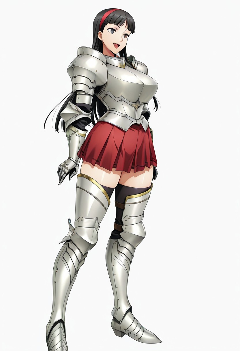 score_9,score_8_up,score_7_up,source_anime,5_figner,2d_animation,game cg,BREKE,1girl,solo,
p4amagi, Amagi Yukiko, long hair, black hair, bangs,
armor,gauntlets,breastplate,greaves,armored boots,zettai ryouik,black thighhighs,pleated skirt,red skirt,knight,
smile,openmouth,cowboyshot,standing,
huge breasts,thick hips,thick thighs,thick waist,disproportionate breasts,
curves,glamour,
simple background,white background,
masterpiece,best qualit,ultra-detailed,illustration,an extremely delicate and beautiful,beautiful detailed eyes,unity 8k wallpaper,high resolution,anime CG,official_art,Erotic_style, uncensored, anime_coloring, anime_screencap,