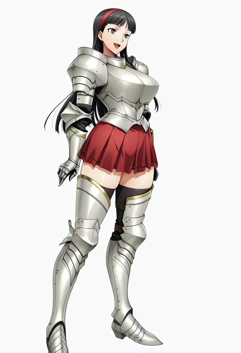 score_9,score_8_up,score_7_up,source_anime,5_figner,2d_animation,game cg,BREKE,1girl,solo,
p4amagi, Amagi Yukiko, long hair, black hair, bangs,
armor,gauntlets,breastplate,greaves,armored boots,zettai ryouik,black thighhighs,pleated skirt,red skirt,knight,
smile,openmouth,cowboyshot,standing,
huge breasts,thick hips,thick thighs,thick waist,disproportionate breasts,
curves,glamour,
simple background,white background,
masterpiece,best qualit,ultra-detailed,illustration,an extremely delicate and beautiful,beautiful detailed eyes,unity 8k wallpaper,high resolution,anime CG,official_art,Erotic_style, uncensored, anime_coloring, anime_screencap,