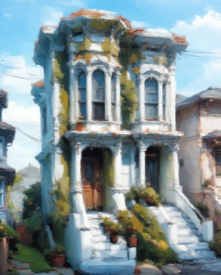 impressionist painting color and temperature study , score_9,score_8_up,score_7_up, <lora:Victorian_house_pony_v2:1> v1ct0r14n, tree, 2story, bay windows, blue sky, italianate, plant, basement, garage, white trim, white siding<lora:EldritchPaletteKnife:1>