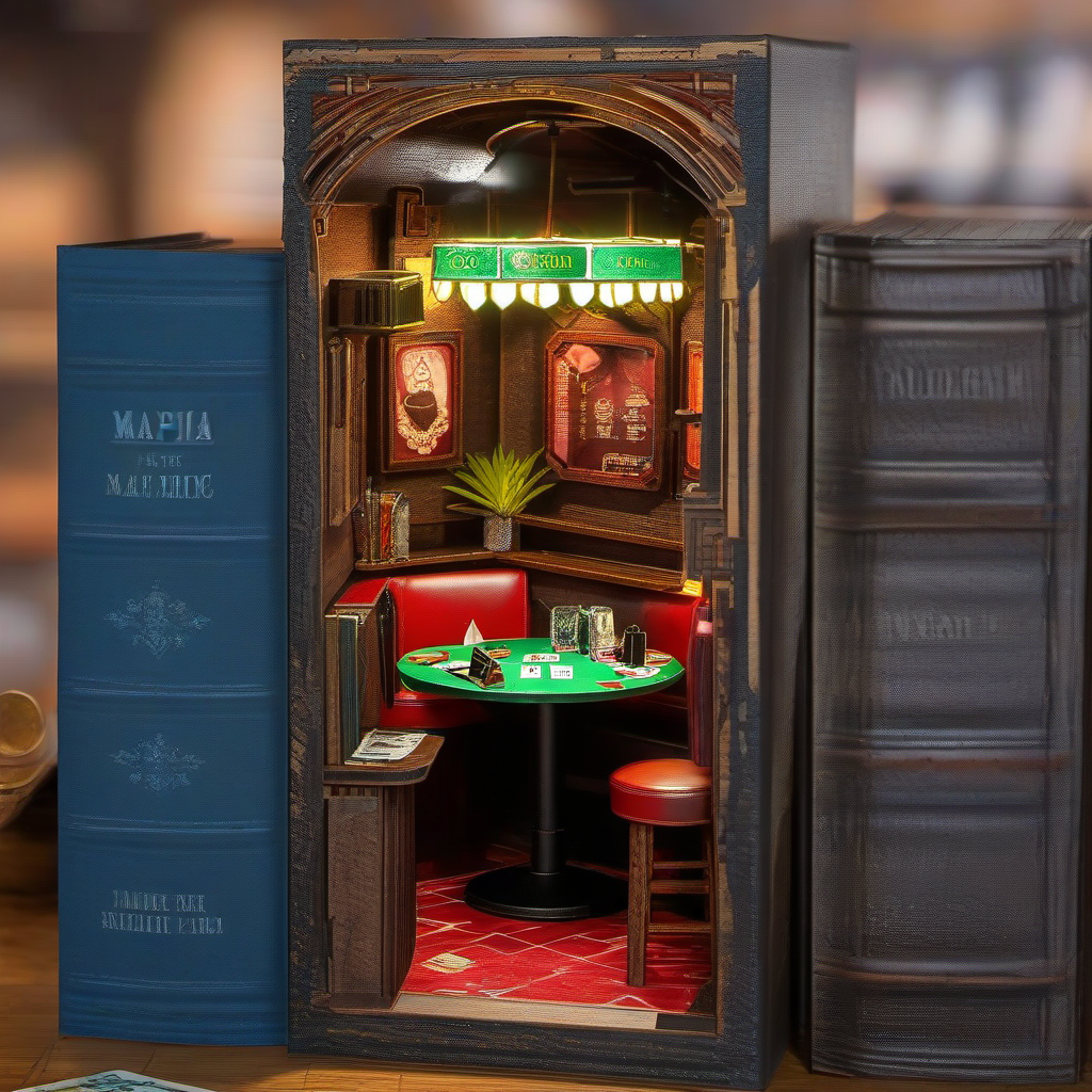 hyperrealistic and intricate detailed photo of book nook, poker table,  green felt, cigars, whiskey bar, wooden panels, red lights, underground, hidden, mafia, <lora:book_nook:1.3>, 
realistic skin,
UHD 8k focus stacking, film grain, sharp focus, rule of thirds, insanely detailed, 
raytracing, photorealistic, depth of field, professional colorgrading