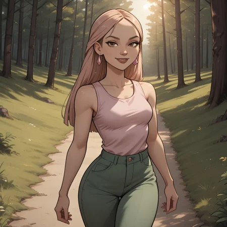 score_9, score_8, BREAK, solo, dark blonde hair, brown eyes, brown lips, lipstick, light pink sleeveless shirt, green pants, light pink footwear, earrings, dark skin, total drama, Nichelle_(Total_Drama), breasts, sexy pose, smile, outdoors, sunlight, shadows, evening lighting, natural lighting, forest, trees, grass, orange sky, sunset