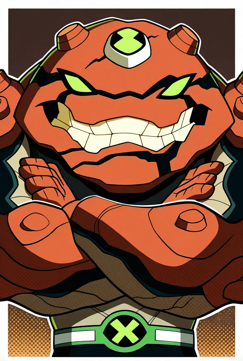 <lora:gravitack-10:1> gravitack, crooked teeth, 1boy, armor, monster, green eyes, solo, massive arms, big hands, zoomed out, brown background, facing viewer, smiling, black pants, green belt, crossed arms,, masterpiece, best quality, amazing quality, very aesthetic, absurdres, newest,, upper body, halftone effect, white borders, abstract background:1.2,