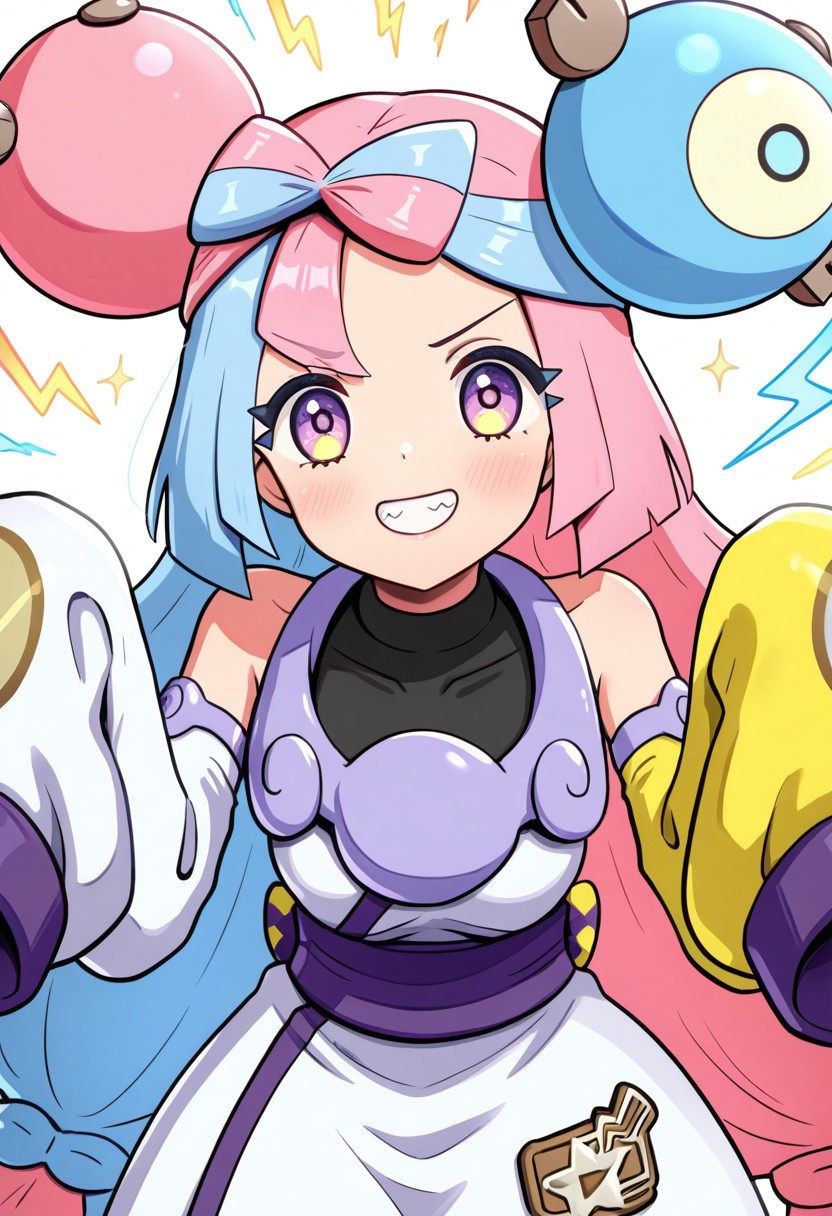 hinosaki, [[pokemoa, gonzarez]], 2d, masterpiece, best quality, amazing quality, 1girl, solo, close-up, standing, smile, upper body, leaning_forward, looking at viewer, multicolored background, sparkle, rainbow background, colorful background, electricity, sparks, sygiono, def colors, purple hair, blue hair, purple eyes, bow-shaped hair, low-tied long hair, character hair ornament, black shirt, sleeveless dress, two-tone dress, white dress, yellow dress, detached sleeves, yellow sleeves, white sleeves, purple collar, bare shoulders, sleeves past fingers, oversized clothes, purple sash, black shorts