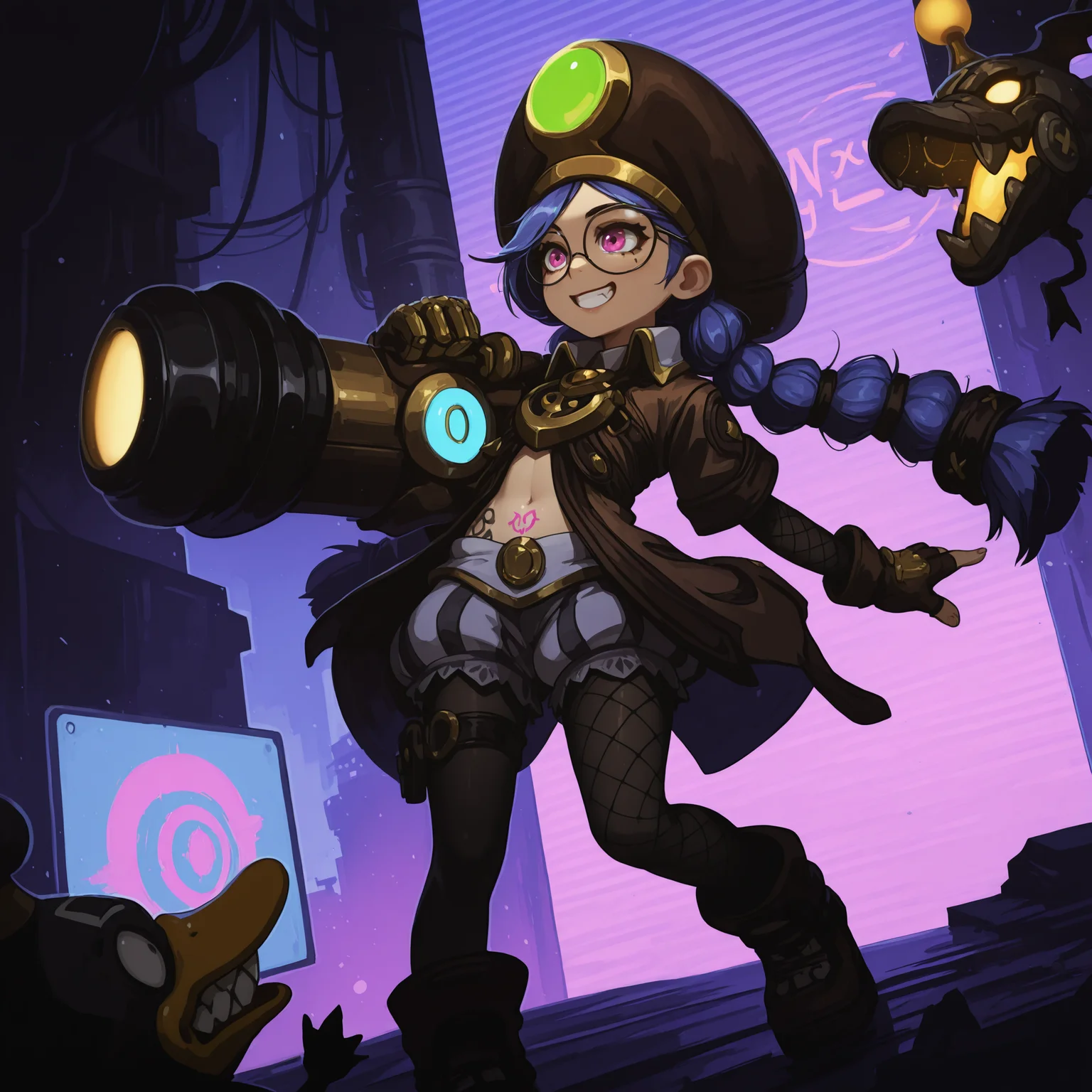 neonpunk style, AcadDN01, holding a cannon, Mecha Duck, black leather hat, brown gloves, white gloves, fingerless gloves, midriff, coat, black pantyhose, light blue twin braids, fishnets, tattoo ,boots, short sleeves, striped bloomer, grin, acting as jinx (league of legends), cyberpunk, vaporwave, neon, vibes, vibrant, stunningly beautiful, crisp, detailed, sleek, ultramodern, magenta highlights, dark purple shadows, high contrast, cinematic, ultra detailed, intricate, professional <lora:academic_dragonnest:1>