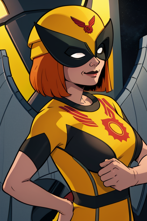 Birdgirl,solo ,short hair , orange hair, standing, smirk, upper body,  
Bsuit, black mask, yellow cap, yellow bodysuit with red trim, 
office, toon \(style\), 
(insanely detailed, beautiful detailed face, masterpiece, best quality) cinematic lighting, <lora:Birdgirl:0.8>