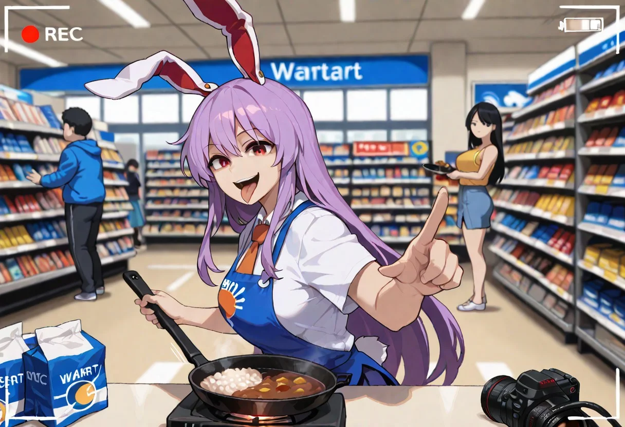 masterpiece, best quality, amazing quality, high detail, score 9, depth of field, blurred background, (five fingers:1.3, indoor, walmart, shopping store), from side, 
BREAK reisen udongein inaba, pranks, evil grin, 1girl, girl cooking, portable gas stove:1.1, girl holding frying pan, motion line, making curry, plates on table, girl victory sign, looking at viewer, tongue out, shelf, REC, recording, screen, camera, 
BREAK multiple bg, surprised crowd bg, crowd, pointing, open mouth, confused,