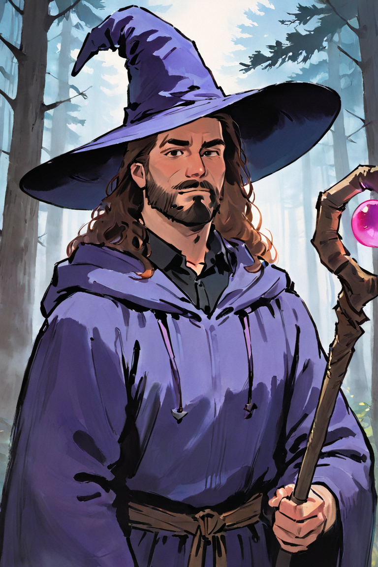 masterpiece, best quality, highres, newest, tradinkstyle, traditional media, 1boy, solo, male focus, mature male, wizard, long hair, brown hair, black eyes, looking at viewer, hat, facial hair, beard, mustache, staff, wizard hat, purple hat, black shirt, collared shirt, robe, purple robe, hooded cloak, holding, holding staff, upper body, closed mouth, standing, outdoors, forest, nature, tree, fog, dark background <lora:Traditional Ink Painting [LoRA] - NoobAI-XL EPS 1.0:0.8>