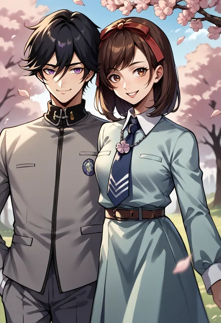 score_9, score_8_up, score_7_up, source_anime, cherry blossoms, BREAK 1boy, <lora:Naoya-pdxl_Fp:1>, naoyap1, school uniform, grey pants, emblem, smile, hair between eyes, black hair, bangs, BREAK 1girl <lora:zs_MakiXL:1>, makip1, brown hair, medium hair, brown eyes, hair ribbon, dress, white collar, blue tie, belt, necklace, smile,