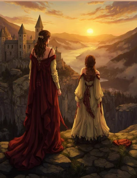 <lora:ck-LttleGhost-000011.safetensors:1> in the style of ck-lttlegh0stTwo women in medieval attire stand on a rocky cliff, gazing up at an ancient stone castle. The sun sets behind it, casting a warm golden glow. Their long, flowing dresses are rendered in deep red and light cream, with intricate details and lace trim. The rocky terrain is rough-hewn, and misty mountains fade into the horizon. The atmosphere is peaceful, yet there's an undercurrent of inner turmoil. The scene has a dreamy quality, as if time itself has slowed to a crawl.