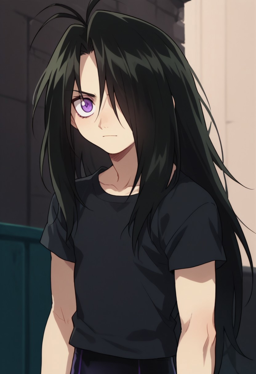 score_9, score_8_up, score_7_up, source_anime, highly detailed, 
wrath_fma, solo, long hair, black hair, antenna hair, hair over one eye, male focus, 1boy, shirt, black shirt, upper body,  bike shorts, purple eyes, slender, skinny, cute,
outdoor,