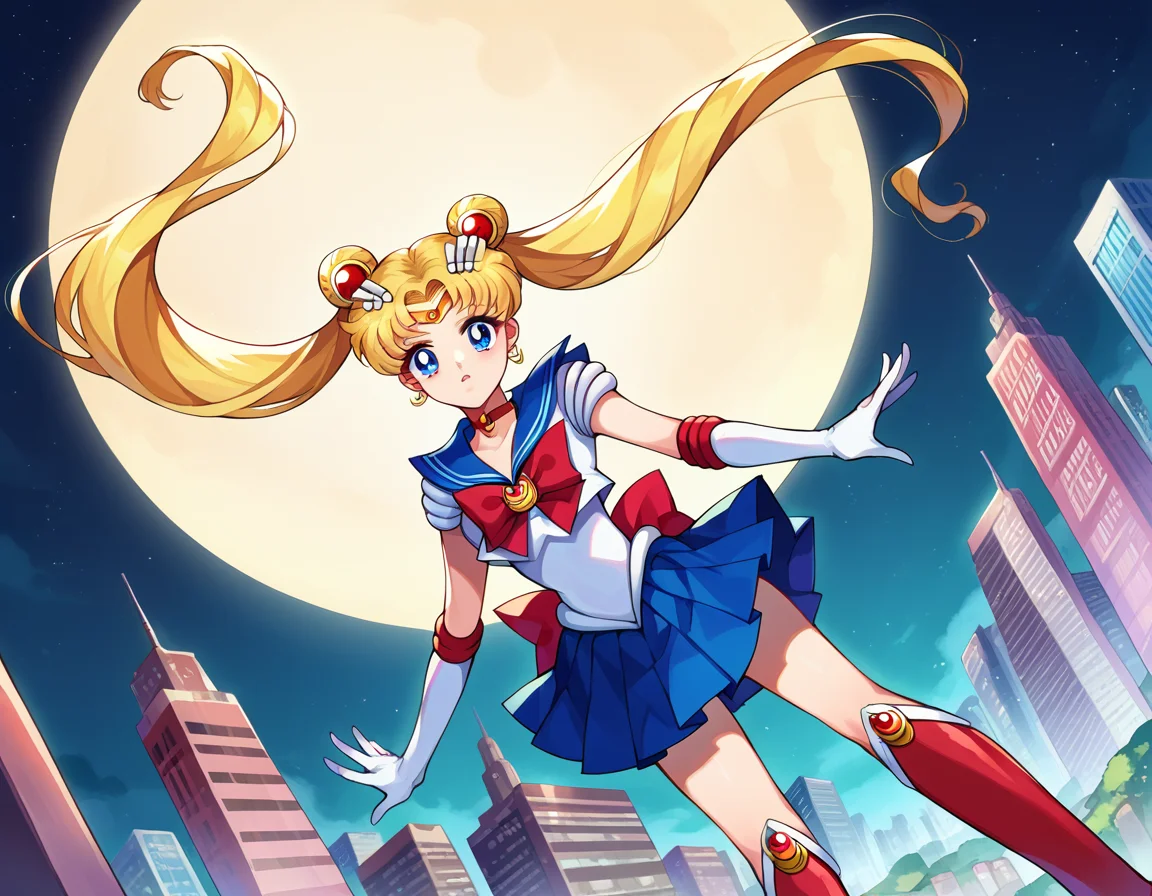 score_9, score_8_up, score_7_up, source_anime,
sailormoon, <lora:sailor-moon-ponyxl-lora-nochekaiser:1>
sailor moon, blonde hair, blue eyes, double bun, hair bun, hair ornament, long hair, twintails, circlet, parted bangs,
back bow, blue sailor collar, blue skirt, boots, bow, brooch, choker, crescent moon, elbow gloves, gloves, jewelry, knee boots, magical girl, pleated skirt, red bow, red choker, ribbon, sailor collar, sailor senshi uniform, skirt, white gloves,
outdoors, cityscape, bent over,
looking at viewer, cowboy shot, dutch angle,