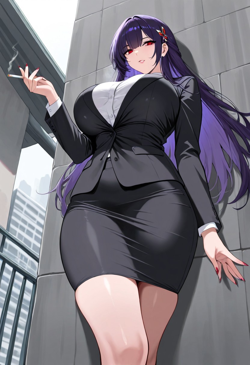 masterpiece,best quality,amazing quality,tall girl, 1girl, solo, purple hair, red eyes, hair accessories, bussiness woman, black suit, white shirt, large breast, pencil skirt, crossing hand, hand holding Cigarette, taller woman, in rooftop building, from below,