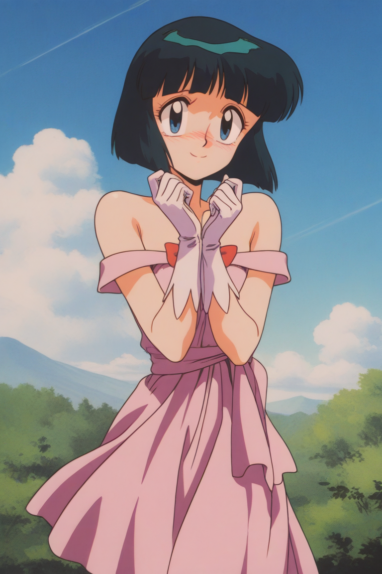 masterpiece, best quality, source_anime,official art,perfect_anatomy,1990s_\(style\),retro_artstyle,1girl,Meiko_Rokudo,black_hair,blunt_bangs,short_hair,pink_dress,bare_shoulders,white_gloves,(detailed face,looking_at_viewer,smile,shy),cowboy shot,blue_sky,cloud