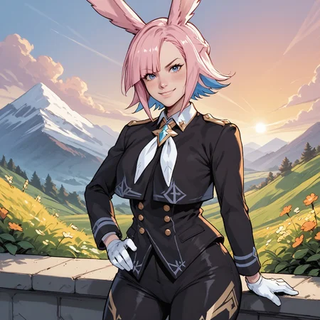 safe_pos, safe_pos, safe_pos, safe_pos, score_9, score_8_up, score_8, score_7_up, score_7, ExpressiveH,
BREAK
1girl, solo, Pinon Dragalia, animal ears, rabbit ears, multicolored hair, pink hair, blue hair, blue eyes, necktie, black suit, black pants, white gloves, broad hips, thick thighs, looking at viewer, head tilt, seductive look, aroused, horny, standing, oiled skin, thumbs up, hand on hip, (close-up, hips focus), looking at viewer, lips parted, blushing, mischievous smile
BREAK
garden, sunset, orange sky, purple sky, mountainous horizon