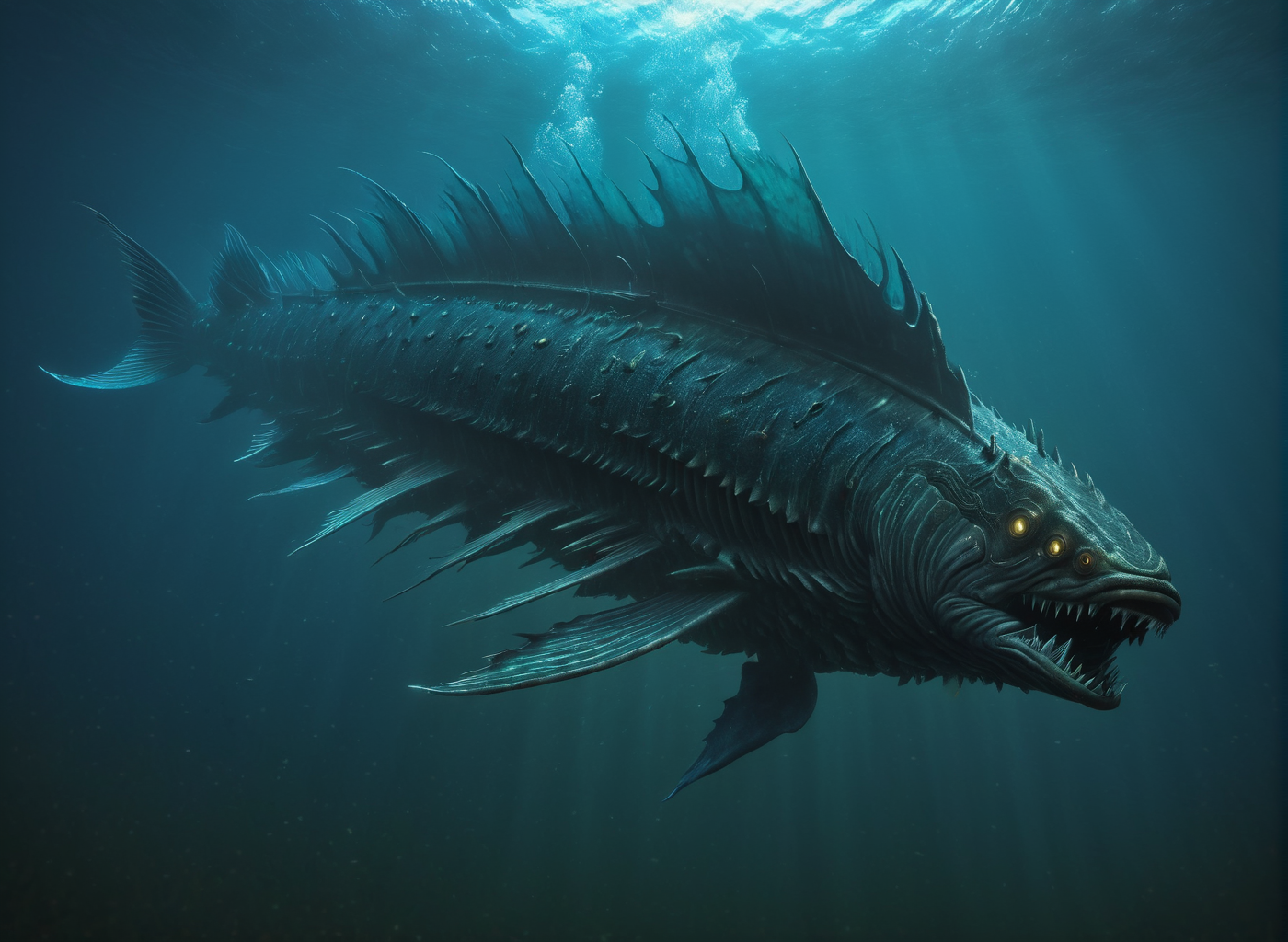 <lora:Leviathan_XL:1>  leviathan a sea monster, underwater, under the ocean, depths, fish like, long fins, (masterpiece), best quality, highres, 4k, 8k, intricate detail, cinematic lighting, amazing quality, amazing shading, soft lighting, gloomy colors, dark aura, horror