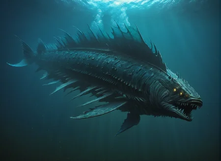 <lora:Leviathan_XL:1> leviathan a sea monster, underwater, under the ocean, depths, fish like, long fins, (masterpiece), best quality, highres, 4k, 8k, intricate detail, cinematic lighting, amazing quality, amazing shading, soft lighting, gloomy colors, dark aura, horror