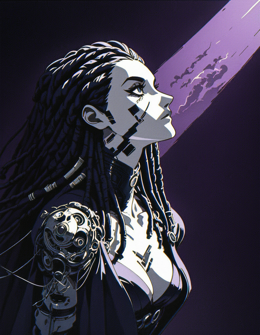 Silhouette style score_9, score_8_up, score_7_up, 80s-anime-ai, 1girl, futuristic shaman, looking up, ritual robe, cleavage, dreadlocks, halfmoon in background  <lora:Xenotrip_v.2:1> xenotr1p, colored,  grunge background, purple theme, black theme,  <lora:43stl1ght1ngXLP2:0.7> 43stl1ght1ng, low light, dramatic lighting, darkness, spotlight, lensflare, lensleaks, (scanlines, chromatic aberration, grain, film grain:1.4) volumetric fog, light rays, godrays  . High contrast, minimalistic, black and white, stark, dramatic