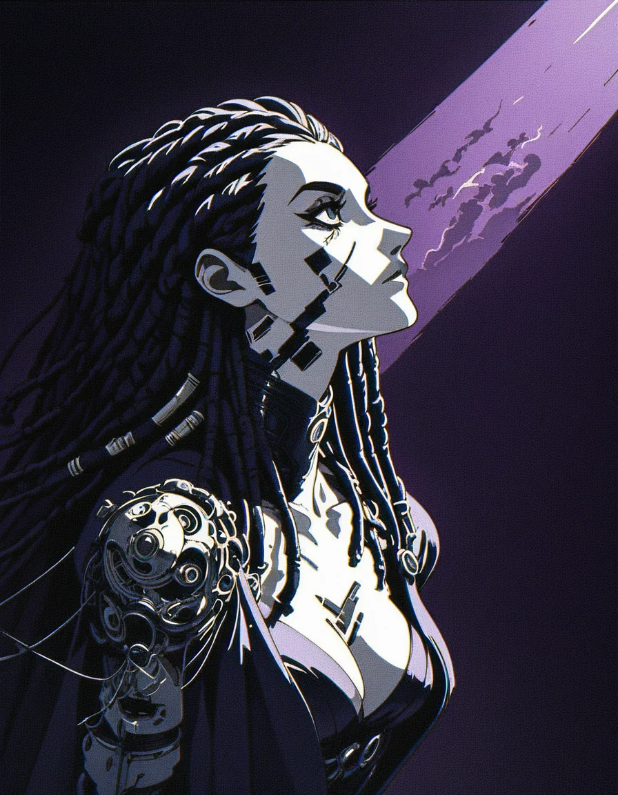 Silhouette style score_9, score_8_up, score_7_up, 80s-anime-ai, 1girl, futuristic shaman, looking up, ritual robe, cleavage, dreadlocks, halfmoon in background <lora:Xenotrip_v.2:1> xenotr1p, colored, grunge background, purple theme, black theme, <lora:43stl1ght1ngXLP2:0.7> 43stl1ght1ng, low light, dramatic lighting, darkness, spotlight, lensflare, lensleaks, (scanlines, chromatic aberration, grain, film grain:1.4) volumetric fog, light rays, godrays . High contrast, minimalistic, black and white, stark, dramatic