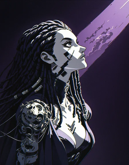 Silhouette style score_9, score_8_up, score_7_up, 80s-anime-ai, 1girl, futuristic shaman, looking up, ritual robe, cleavage, dreadlocks, halfmoon in background  <lora:Xenotrip_v.2:1> xenotr1p, colored,  grunge background, purple theme, black theme,  <lora:43stl1ght1ngXLP2:0.7> 43stl1ght1ng, low light, dramatic lighting, darkness, spotlight, lensflare, lensleaks, (scanlines, chromatic aberration, grain, film grain:1.4) volumetric fog, light rays, godrays  . High contrast, minimalistic, black and white, stark, dramatic