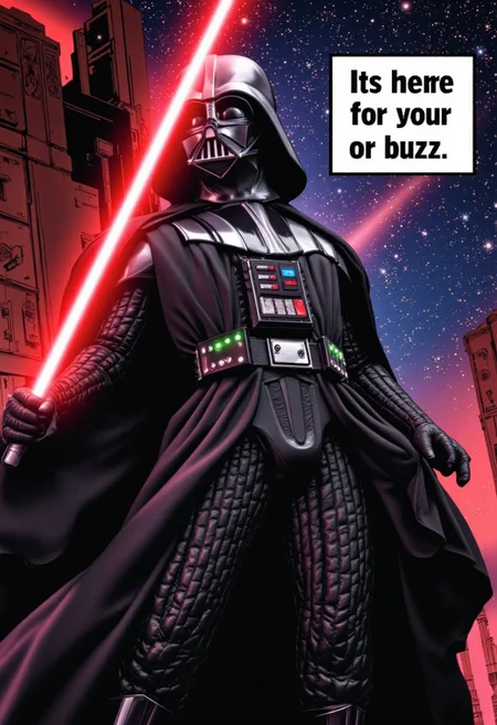 Darth Vader, standing, bold text behind him says the Empire needs your buzz, text clear to read,