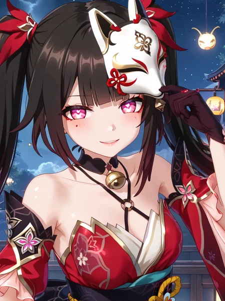detailed background, shiny skin, 
<lora:hisparkle.pony:1>,
hisparkle, aaa, 
half-closed eyes, looking at viewer, glowing pupils, naughty face, 
holding mask, mask on hand, 
night,