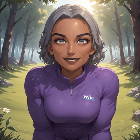 score_9, score_8, BREAK, solo, wii, mii, wii sports, 1girl, female mii, grey hair, old woman, black eyebrows, grey eyes, brown lips, lipstick, purple clothing, white pants, shoes, breasts, nintendo mii, modern_mii, classic_mii, Anna_(Wii_Sports), dark skin, dark skin female, sexy pose, self portrait, smile, outdoors, sunlight, shadows, evening lighting, natural lighting, forest, trees, grass, orange sky, sunset