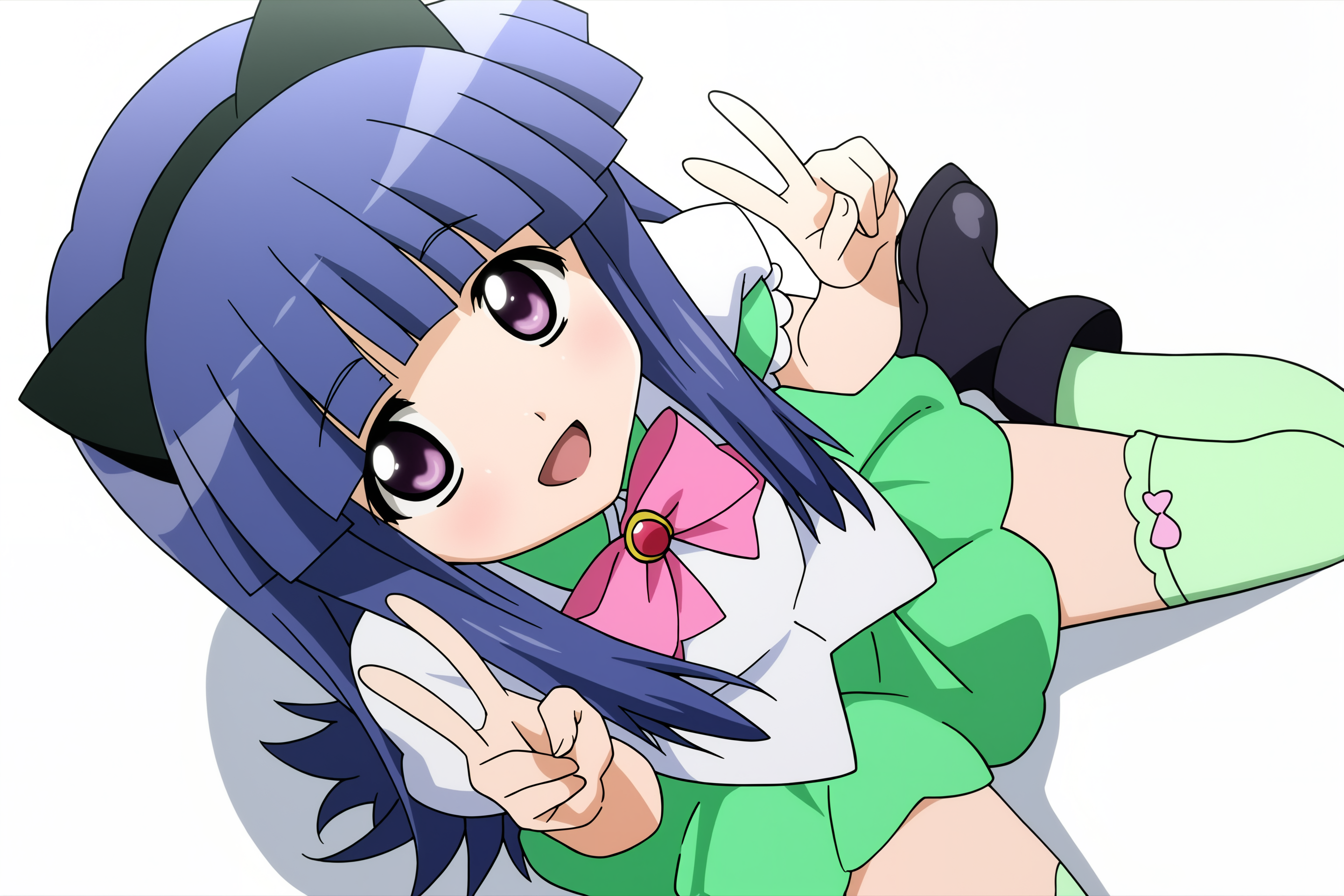 higurashikira, anime screencap, anime coloring, 1girl, solo, furude rika, petite, blue hair, purple eyes, long hair, bangs, flat chest, (simple background, white_background), fake animal ears, animal ears, thighhighs, cat ears, long hair, star \(symbol\), magical girl, bow, pink bow, open mouth, green shirt, short sleeves, green skirt, puffy sleeves, puffy short sleeves, sitting, wariza, black footwear, smile, from_above, double v, 
(atmospheric perspective),  
(masterpiece, best quality, absurdres, highres, newest, very awa:1.2), 
