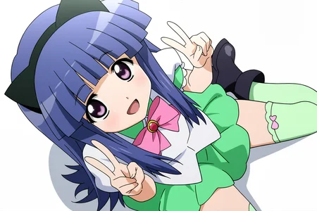 higurashikira, anime screencap, anime coloring, 1girl, solo, furude rika, petite, blue hair, purple eyes, long hair, bangs, flat chest, (simple background, white_background), fake animal ears, animal ears, thighhighs, cat ears, long hair, star \(symbol\), magical girl, bow, pink bow, open mouth, green shirt, short sleeves, green skirt, puffy sleeves, puffy short sleeves, sitting, wariza, black footwear, smile, from_above, double v, 
(atmospheric perspective),  
(masterpiece, best quality, absurdres, highres, newest, very awa:1.2), 