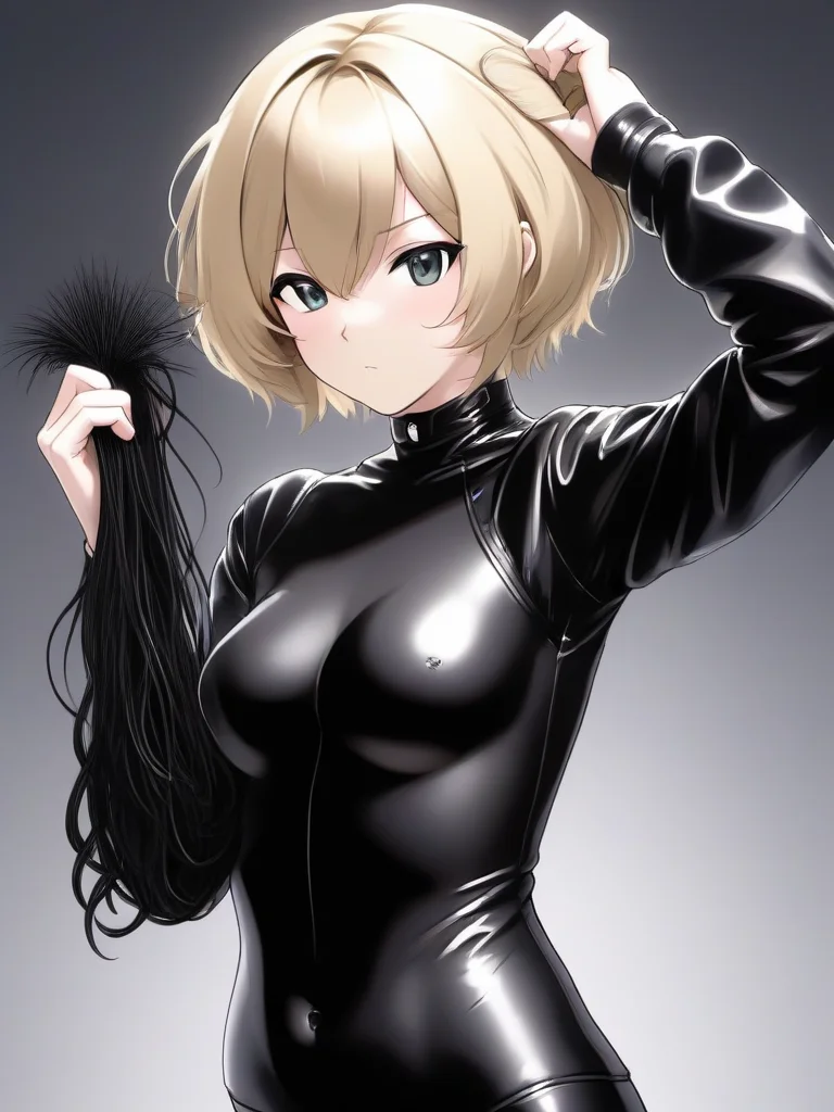Anime horny blonde woman in black leather and latex, with a short hair holding a huge amount of her (cut off hair:1.2) <lora:extreme_haircut_v2:1>