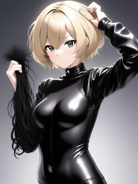 Anime horny blonde woman in black leather and latex, with a short hair holding a huge amount of her (cut off hair:1.2) <lora:extreme_haircut_v2:1>