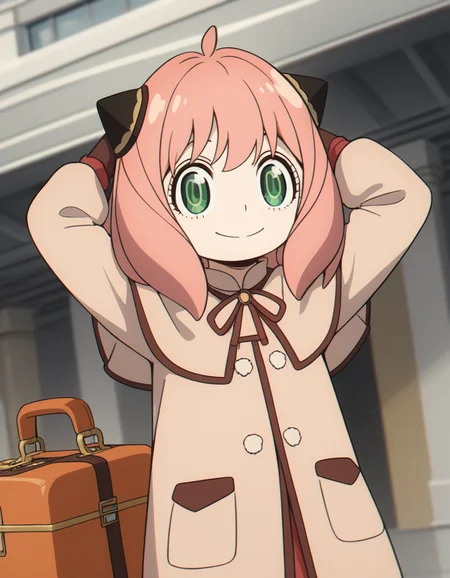 score_9, score_8_up, score_7_up, source_anime, <lora:anya-forger-movie-ponyxl-lora-nochekaiser:1>, anya forger, anya (spy x family), bangs, green eyes, pink hair, ahoge, child, female child, hairpods,, gloves, long sleeves, ribbon, brown gloves, capelet, robe,, airport, waiting area, suitcase, flight delayed, passengers, reading book, smile, , hands behind head,, solo,, cowboy shot, dutch angle,