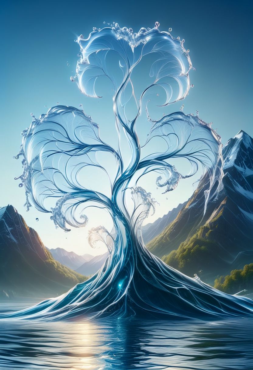 UHD, masterpiece, high quality, extremely details, intricate details, sharp focus, realistic, OverallDetailXL, sss
a tree made of ((water)) ,((ais-wvs)),  lake surrounded by mountains,sun sunlight, sunray ,SauronsTower,