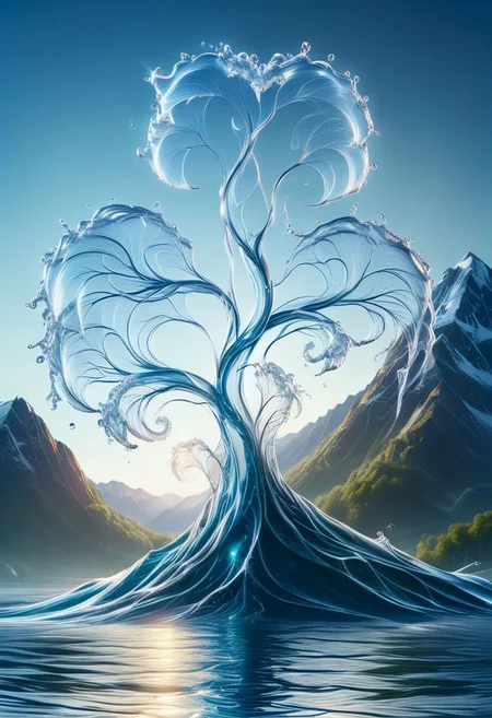 UHD, masterpiece, high quality, extremely details, intricate details, sharp focus, realistic, OverallDetailXL, sss
a tree made of ((water)) ,((ais-wvs)), lake surrounded by mountains,sun sunlight, sunray ,SauronsTower,