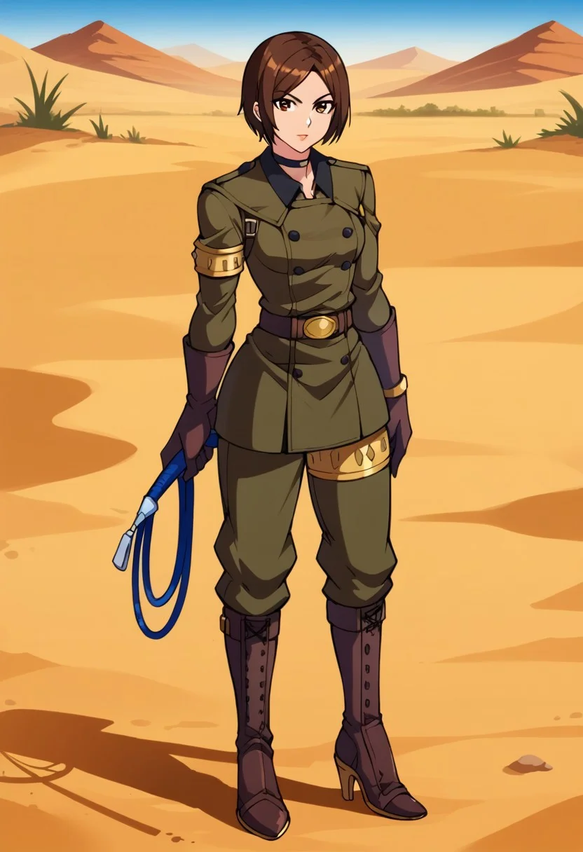 1girl, solo, score_9, score_8_up, score_7_up, masterpiece, high quality, anime, 2d, cute face, lips,
whipKOF, brown hair, short hair, brown eyes, choker, uniform, military, military uniform, braclet, brown gloves, pants, brown boots, high heels, whip, holding whip, gloves, boots, standing, facing forward, looking at viewer,
desert, field, empty,