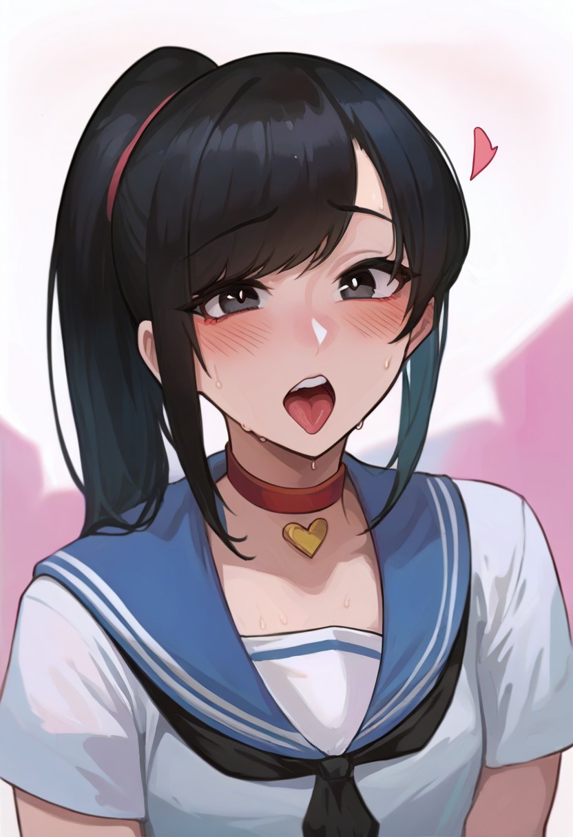 score_9, score_8_up, score_7_up, Mevak_PS, source_anime, hi res, masterpiece, best quality, highres, female focus, red choker, serafuku, blush, open mouth, tongue out, looking at viewer, blue sailor collar, short sleeves, upper body, collarbone, teeth, shirt, heart choker, sweat, neckerchief, zPDXL,  zPDXLxxx, girlfriend_(yoru_mac), ponytail, black hair, black eyes, bangs, long hair,