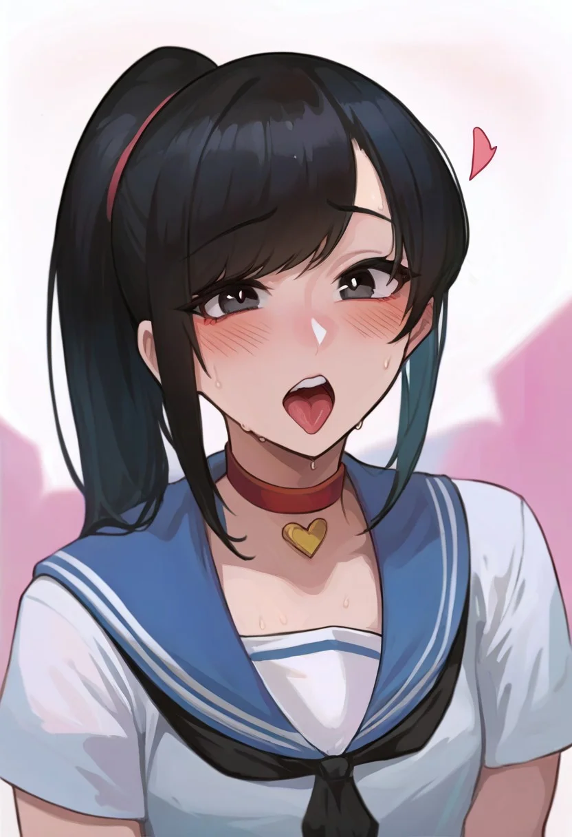 score_9, score_8_up, score_7_up, Mevak_PS, source_anime, hi res, masterpiece, best quality, highres, female focus, red choker, serafuku, blush, open mouth, tongue out, looking at viewer, blue sailor collar, short sleeves, upper body, collarbone, teeth, shirt, heart choker, sweat, neckerchief, zPDXL, zPDXLxxx, girlfriend_(yoru_mac), ponytail, black hair, black eyes, bangs, long hair,