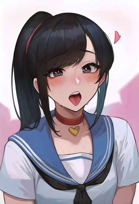 score_9, score_8_up, score_7_up, Mevak_PS, source_anime, hi res, masterpiece, best quality, highres, female focus, red choker, serafuku, blush, open mouth, tongue out, looking at viewer, blue sailor collar, short sleeves, upper body, collarbone, teeth, shirt, heart choker, sweat, neckerchief, zPDXL, zPDXLxxx, girlfriend_(yoru_mac), ponytail, black hair, black eyes, bangs, long hair,